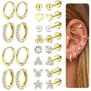 Gold Stud and Huggie Hoop Earrings Set Hypoallergenic Flat Back for Multiple Pie